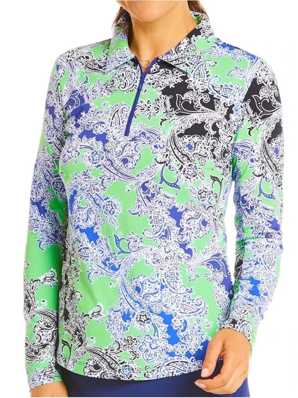 IBKUL PASCHA GREEN NAVY Long Sleeve Mock Neck 1/4 Zip Golf Tennis Shirt Size XXL